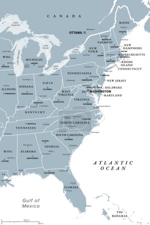 Téléchargez les illustrations : Côte Est des États-Unis, carte politique grise. Aussi la côte est, la côte atlantique et la côte atlantique. La région et le littoral où l'est des États-Unis rencontre l'océan Atlantique. - en licence libre de droit