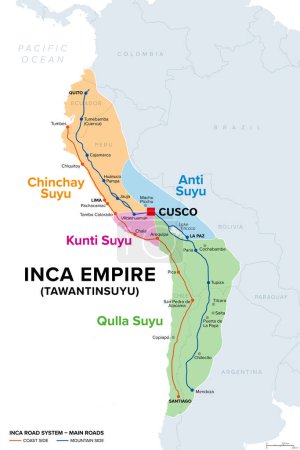 Empire inca, carte avec Suyus, et les routes principales sur la côte et le flanc de montagne. Les quatre quartiers régionaux de Tawantinsuyu, appelés Chinchay, Anti, Kunti et Qulla Suyu, se réunissent au centre et à la capitale Cusco.