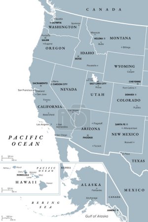 West Coast of the United States, with Alaska and Hawaii, political map. También conocida como Costa del Pacífico y Costa Oeste, la costa a lo largo de la cual los Estados Unidos occidentales se encuentran con el Océano Pacífico.