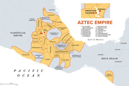 Imperio azteca con provincias tributarias, extensión máxima de Triple Alianza, mapa de historia. Tenochtitlan, Tetzcoco y Tlacopan en el momento de la conquista española, 1519. Con las fronteras del estado y del país hoy.