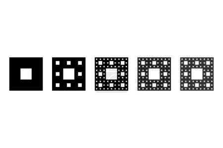 Tapis Sierpinski, plan fractal. En commençant par un carré, coupé en 9 subséquences congruentes, la centrale enlevée. Même procédure appliquée ensuite récursivement aux 8 subséquences restantes, ad infinitum.