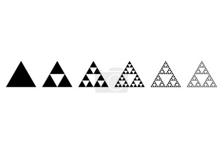 Evolution of a Sierpinski triangle, a plane fractal. Starting with a triangle, subdivided into four smaller triangles, removing the central one. Repeating step 2 with each smaller triangle infinitely.