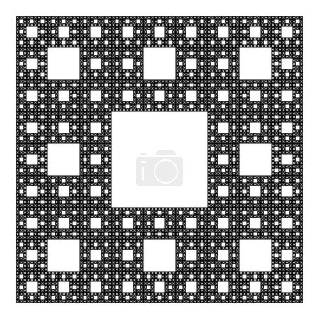 Tapis Sierpinski, plan fractal, sixième marche. En commençant par un carré, coupé en 9 subséquences congruentes, la centrale enlevée. Même procédure appliquée ensuite récursivement aux 8 subséquences restantes.
