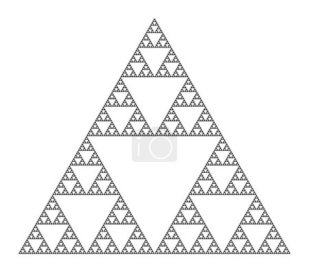 Sierpinski-Dreieck, eine ebene fraktale, siebte Iterationsstufe. Beginnend mit einem Dreieck, das in vier kleinere Dreiecke unterteilt ist und das zentrale Dreieck entfernt. Schritt zwei mit jedem kleineren Dreieck wiederholen.