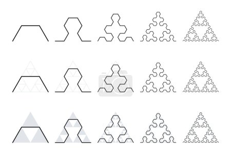 Entwicklung einer Sierpinski-Pfeilspitze, einer flachen Fraktalkurve. Erste fünf Entwicklungsschritte der Kurve, in der zweiten und dritten Reihe unterlegt mit Sierpinski-Dreiecken, um ihre Ähnlichkeit zu zeigen.