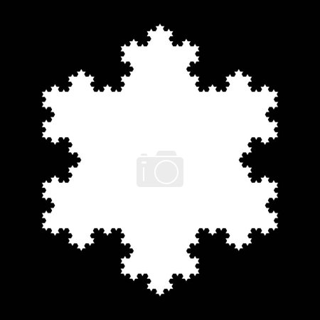 Illustration for White Koch snowflake, a fractal curve, fifth iteration, over black. Starting with an equilateral triangle, each successive stage is formed by adding outward jags to each side of the previous stage. - Royalty Free Image