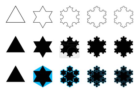 Illustration for Evolution of a Koch snowflake, a fractal curve, first five iterations. Starting with an equilateral triangle, each successive stage is formed by adding outward jags to each side of the previous stage. - Royalty Free Image