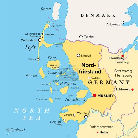 Nordfriesland, o Frisia del Norte, mapa político. Distrito más septentrional de Alemania, parte de Schleswig-Holstein, con la capital Husum y las cinco grandes islas Sylt, Foehr, Amrum, Pellworm y Nordstrand.