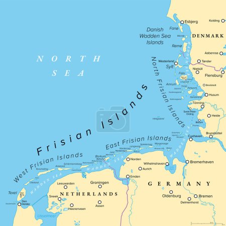 Illustration for Frisian Islands, political map. Wadden Sea Islands, archipelago at North Sea in Europe, stretching vom Netherlands through Germany to Denmark. The islands shield the mudflat region of the Wadden Sea. - Royalty Free Image