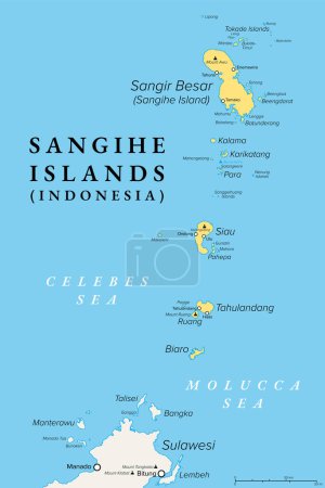 Illustration for Sangihe Islands, group of islands in Indonesia, political map. Also Sangir, Sanghir or Sangi Islands, north of Sulawesi, between Celebes and Molucca Sea, with active volcanoes Mt. Awu and Mt. Ruang. - Royalty Free Image