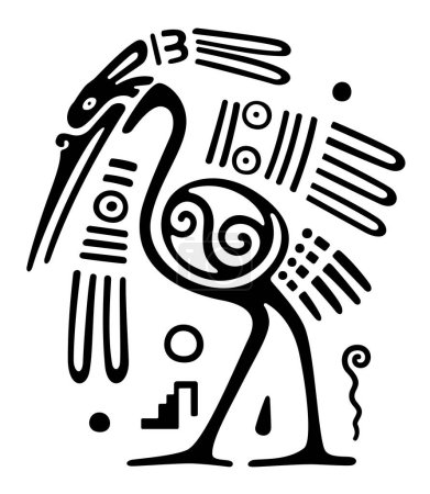 Illustration for Heron motif of ancient Mexico. The Aztec aztatl, a long-legged and long-necked freshwater and coastal bird. Pre-Columbian, Aztec flat clay stamp motif, found in Mexico. Black and white illustration. - Royalty Free Image