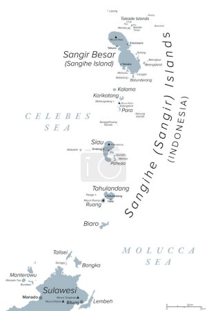 Sangihe Islands, an Indonesian archipelago, gray political map. Also Sangir, Sanghir or Sangi Islands, north of Sulawesi, between Celebes and Molucca Sea, with active volcanoes Mt. Awu and Mt. Ruang.