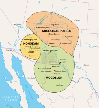 Oasisamerica, eine Kulturregion indigener Völker in Nordamerika. Politische Landkarte, die das Ausmaß dreier großer Kulturen innerhalb des amerikanischen Südwestens und Nordmexikos mit modernen Grenzen zeigt.
