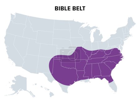 Bible Belt of the United States, mapa político. Región del sur de Estados Unidos y estado de Missouri, en todos los cuales el cristianismo protestante socialmente conservador juega un papel importante en la sociedad.