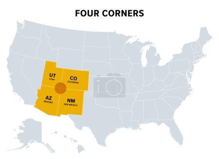 Four Corners, eine Region im Südwesten der Vereinigten Staaten, politische Landkarte. Einzige Region in den Vereinigten Staaten, wo sich vier Staaten einen Grenzpunkt teilen, nämlich Arizona, Colorado, New Mexico und Utah.