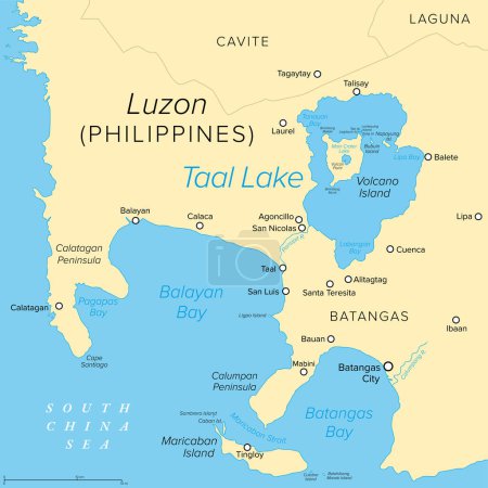 Taal Lake, on the island of Luzon in the Philippines, political map. Freshwater caldera lake in Batangas province, which fills Taal Volcano, a large volcanic caldera formed by very large eruptions.