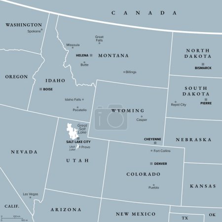 Región de las Montañas Rocosas de los Estados Unidos, mapa político gris. Montañas Rocosas, Rockies para abreviar, dividen el oeste de los Estados Unidos de las Grandes Llanuras. Colorado, Idaho, Montana, Wyoming y Utah.