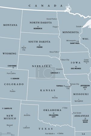 Région des Grandes Plaines des États-Unis, carte politique grise. Parfois simplement les plaines, sont une vaste étendue de plaine en Amérique du Nord, située entre les montagnes Rocheuses et la région du Midwest.