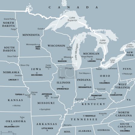 Región Medio Oeste de los Estados Unidos, mapa político gris. Medio Oeste de los Estados Unidos o Medio Oeste Americano, una región geográfica, al sur de los Grandes Lagos, bordeada por el Atlántico Medio, el Sur y las Grandes Llanuras.