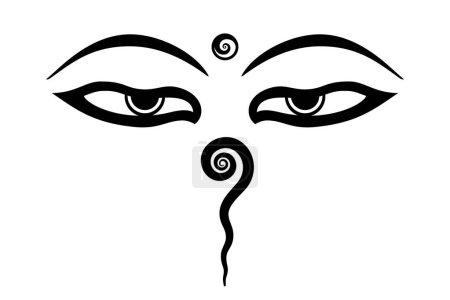 The Eyes of Buddha or Wisdom eyes. Symbol in Buddhist art. Half-closed eyes for the Adamantine view. Above urna, a circle with spiral. Below a curly symbol for one and divine fire emanating from urna.