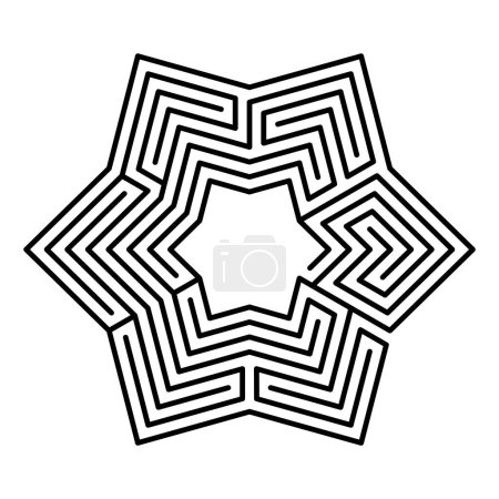 Illustration for Hexagonal maze, star-shaped, six-pointed labyrinth in seven courses, with a collection of paths from the entrance to the goal. Construction template of the 17th century for a hedge maze of a garden. - Royalty Free Image