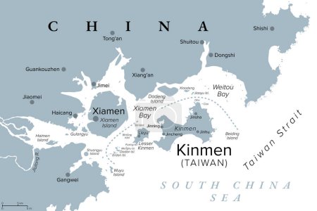 Téléchargez les illustrations : Kinmen, aussi connu sous le nom de Quemoy, carte politique grise. Groupe d'îles gouvernées en tant que comté par Taiwan, la République de Chine, à l'est de la ville de Xiamen, située sur la côte sud-est de la Chine, en RPC. - en licence libre de droit