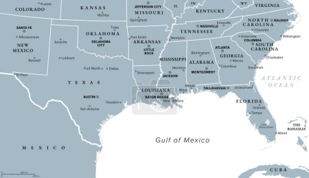 Téléchargez les illustrations : Carte politique des États du Golfe des États-Unis, également appelée côte sud ou sud du Golfe. Côtes le long du sud des États-Unis dans le golfe du Mexique. Texas, Louisiane, Mississippi, Alabama et Floride. - en licence libre de droit