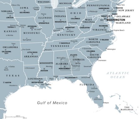 Ilustración de Región Sureste, Sur de los Estados Unidos, mapa político gris. Región geográfica y cultural, también conocida como el sur de Estados Unidos, América del Sur, Southland, Dixieland, o simplemente Dixie. - Imagen libre de derechos