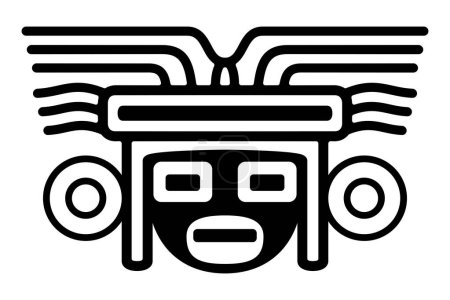 Illustration for Head with mask large headdress, an ancient Mexican motif. Pre-Columbian, Aztec flat clay stamp motif, found in Tenochtitlan, the center of Mexico City. Isolated, black and white illustration. Vector - Royalty Free Image