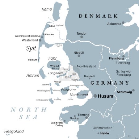 Nordfriesland, oder Nordfriesland, graue politische Landkarte. Der nördlichste Landkreis Deutschlands, Teil von Schleswig-Holstein, mit der Hauptstadt Husum und den fünf großen Inseln Sylt, Föhr, Amrum, Pellworm und Nordstrand.