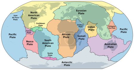 Haupttektonische Platten der Erde, Weltkarte. Die sechzehn größten Teile der Erdkruste und des obersten Erdmantels, die Lithosphäre genannt werden und aus ozeanischer und kontinentaler Kruste bestehen. Vektor