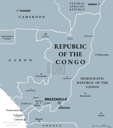 República del Congo, mapa político gris. También conocido como Congo, un país situado en la costa occidental de África Central, con la capital Brazzaville. Ilustración. Vector