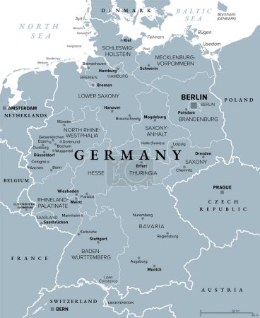 Alemania, oficialmente República Federal de Alemania, mapa político gris. País en Europa Central con capital Berlín. Consta de 16 estados constituyentes. Mapa con fronteras, capitales y ciudades más grandes.