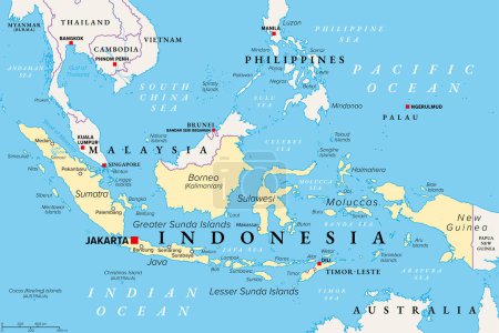 Indonesien, ein Land in Südostasien und Ozeanien, politische Landkarte. Republik und Archipel mit der Hauptstadt Jakarta und den größten Inseln Sumatra, Java, Sulawesi sowie Teilen von Borneo und Neuguinea.