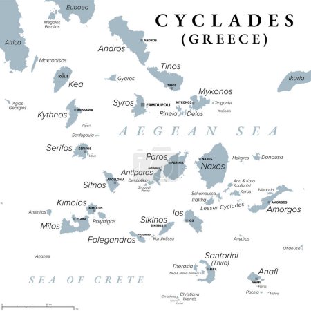 Ciclades, grupo de islas griegas en el mar Egeo, mapa político gris. Al sureste de Grecia continental. Ciclades significa rodear refiriéndose al círculo que forman las islas alrededor de la isla sagrada Delos.