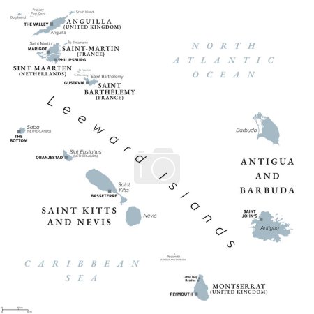 De Anguila a Montserrat, mapa político gris. Islas del Caribe, parte de las Islas Sotavento y Antillas Menores. Anguila, San Martín, San Cristóbal y Nieves, Antigua y Barbuda, y Montserrat.