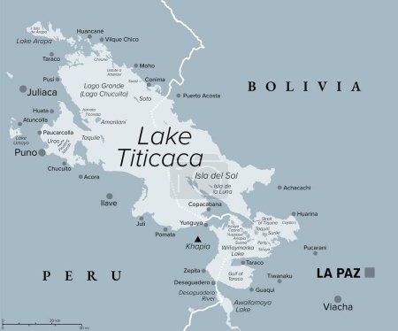 Illustration for Lake Titicaca, gray political map. Large freshwater lake in the Andes mountains on the border of Bolivia and Peru. Often called highest navigable lake in the World, and largest lake in South America. - Royalty Free Image
