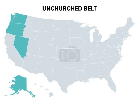 Unchurched Belt, una región en el noroeste de los Estados Unidos, mapa político. Región con menor tasa de participación religiosa. Frente al Cinturón de la Biblia. Washington, Oregon, Nevada y Alaska.