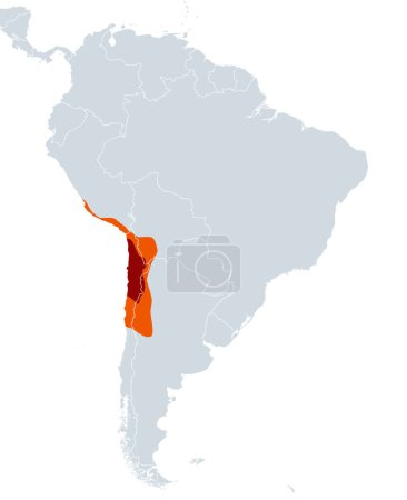 Atacama-Wüste, politische Landkarte. Hyperarides Wüstenplateau an der Pazifikküste Südamerikas, nördlich von Chile, rot hervorgehoben. Öde Unterhänge der Anden in Orange hervorgehoben.