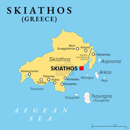 Skiathos, small Greek island, political map. Island in the Aegean Sea, part of the Sporades, with the main town Skiathos, and with neighboring islets Tsoungria, Arkos and Aspronisi and smaller ones.
