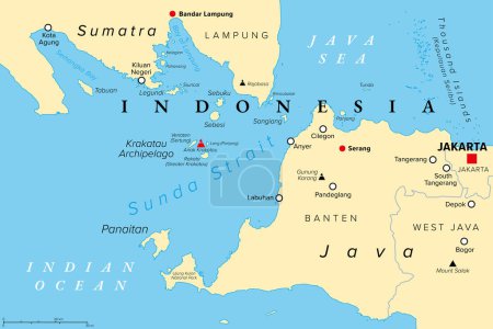 Sunda Strait, Indonesia, political map. Strait between the Indonesian islands Java and Sumatra, connecting Java Sea with the Indian Ocean. With Krakatau Archipelago and active volcano Anak Krakatau.