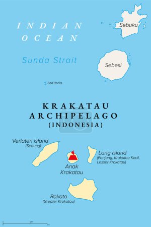 Archipel de Krakatau, Indonésie, carte politique. Quatre petites îles volcaniques inhabitées, formées par le stratovolcan Krakatau, situé dans le détroit de la Sonde, entre les îles Java et Sumatra.