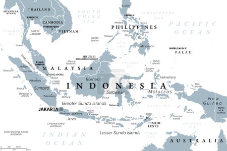 Indonesien, ein Land in Südostasien und Ozeanien, graue politische Landkarte. Republik und Archipel mit der Hauptstadt Jakarta und den größten Inseln Sumatra, Java, Sulawesi sowie Teilen von Borneo und Neuguinea.