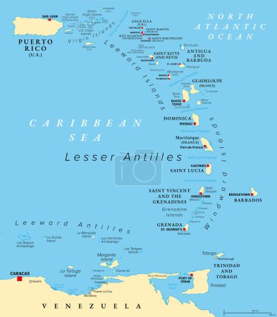 Islas del Caribe Oriental, mapa político. Puerto Rico, Islas Vírgenes, Islas Sotavento y Barlovento, y parte de las Antillas Sotavento al norte de la costa de Venezuela, todas ubicadas en el Mar Caribe.