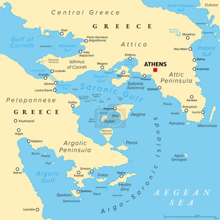 Golfe Argo-Saronique, Golfe Saronique et Argolique de Grèce, carte politique. Les péninsules d'Attique et d'Argolis, les îles Argo-Saroniques, l'isthme de Corinthe, le canal de Corinthe et la capitale grecque Athènes.