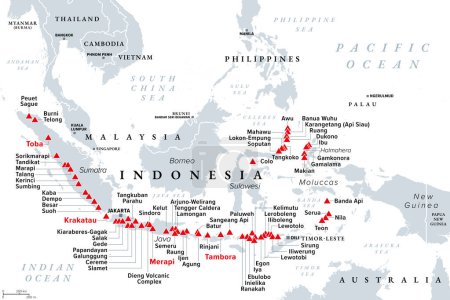 Große Vulkane in Indonesien, politische Landkarte. Südostasiatisches Land, das von Vulkanen dominiert wird, die aus Subduktionszonen bestehen und Teil des Feuerrings sind. Am bekanntesten sind Krakatau, Merapi, Tambora und Toba.