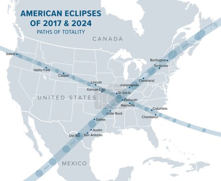 Great American Eclipses, Paths of Totality, political map. Total Solar Eclipses of August 21, 2017, and April 8, 2024. With major cities in the paths of totality, that cross each other over Illinois.