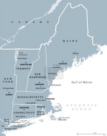 Neuengland, eine Region der Vereinigten Staaten, graue politische Landkarte. Maine, Vermont, New Hampshire, Massachusetts, Rhode Island und Connecticut mit den Hauptstädten. Angrenzend an den Mittleren Atlantik und Kanada.