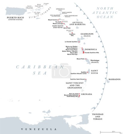 Vulkane der karibischen Inseln, politische Landkarte. Karte des halbmondförmigen Inselbogens der Kleinen Antillen mit potenziell aktiven Vulkanen, von denen der bekannteste der Mount Pelee auf Martinique ist.