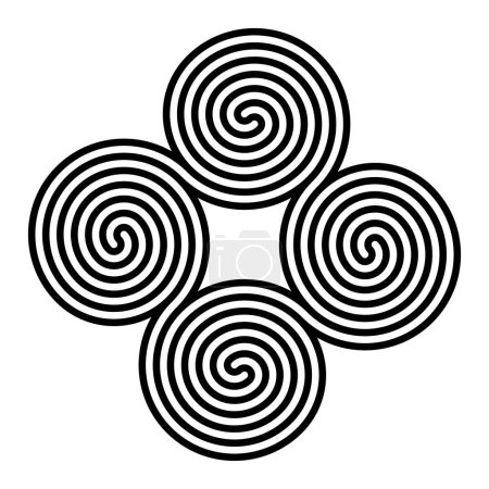 Patrón geométrico de cuatro espirales unidas. Tetraskelion o tetraskele, un antiguo símbolo de espiral cuádruple. Espirales arqueandinos de doble brazo perfectamente conectados que exhiben simetría rotacional.